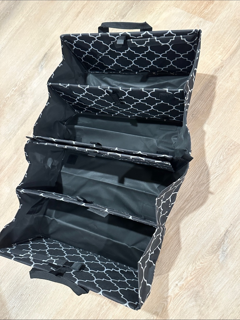 Car caddy organizer compartments fabric black and white pattern